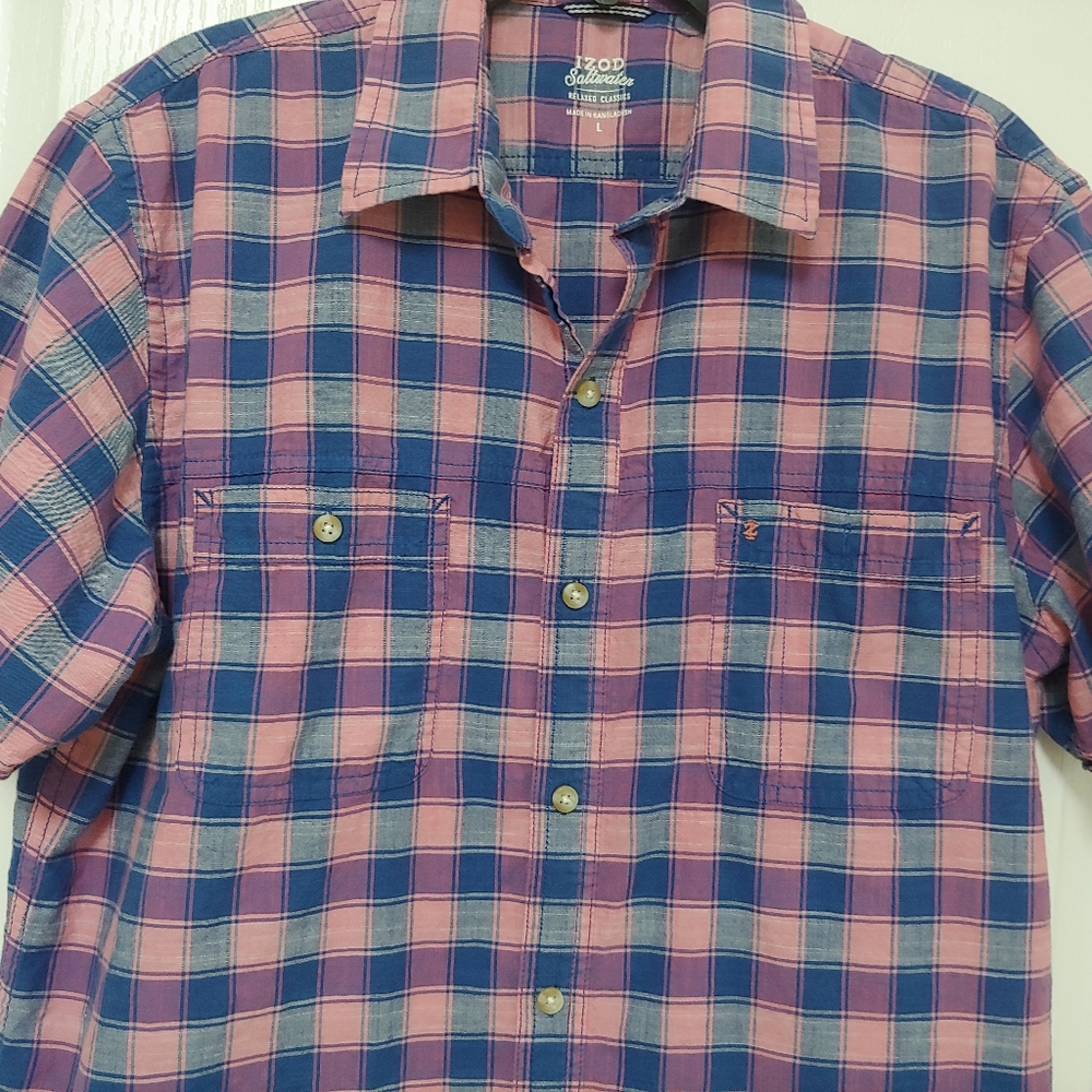 IZOD Saltwater.  Pink Plaid Short Sleeve Shirt.  size Large - Picture 2 of 7